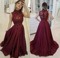 2020 new arrival high neck long burgundy prom dresses a line sweep train evening formal party dress with back button vestido