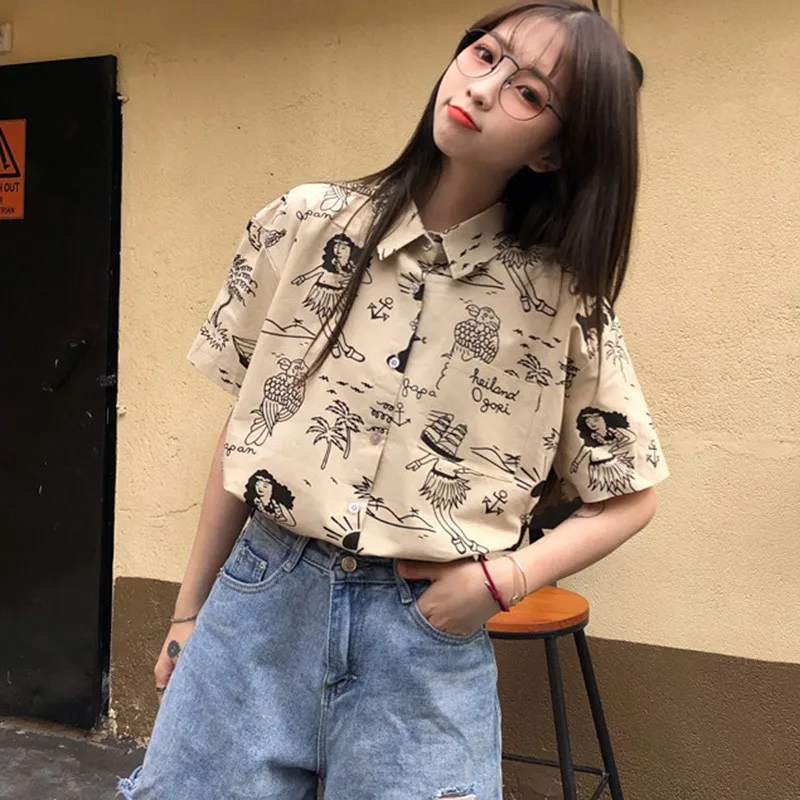 

Women Printed Short Sleeve Blouses Turn-down Collar Harajuku Blouse And Tops Casual Shirt Beach Tops