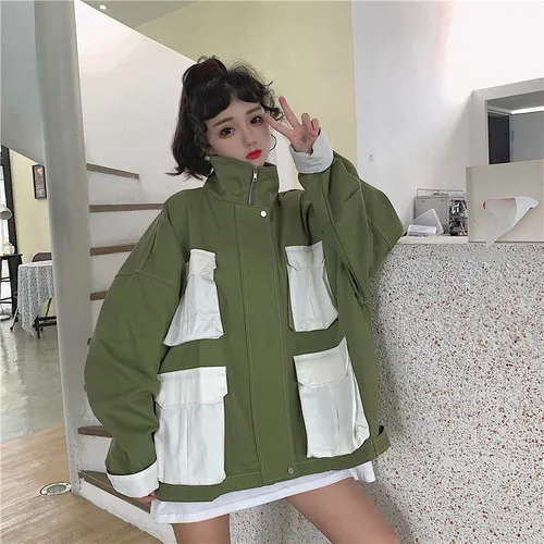 army green Neploe/куртка с карманами контрастного цвета в Корейском стиле BF пальто свободные куртки на молнии со стоячим воротником Женская верхняя одежда осень-зима 55058 - Цвет: army green