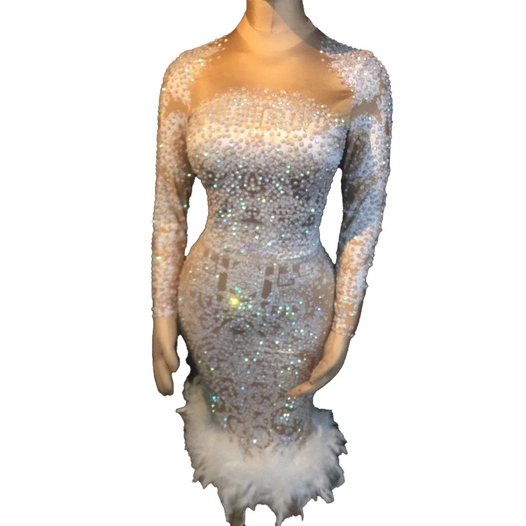 

Women's Birthday Party Celebrate Outfit Female Singer Costumes Stage Show Dresses for Women Sexy Crystal White Feather Dress