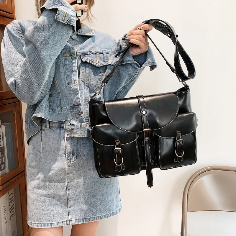 Retro Multiple Pockets Bag PU Leather Crossbody Bags for Women 2022 Hit Trend Women's Branded Trending Side Bag Shoulder Handbag