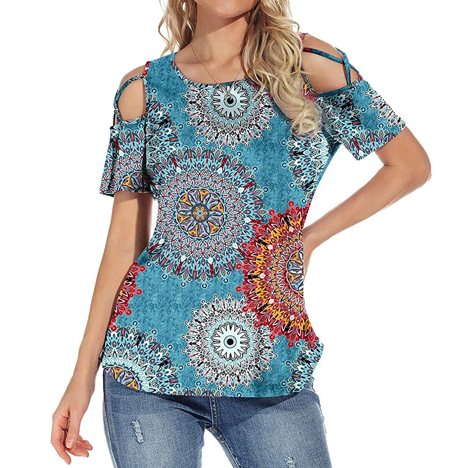 

Women Blouses Nice Summer Printing Fashion Short Sleeve Strappy Printing Cold Shoulder Blouses Tops Casual Bandage Tops 2021