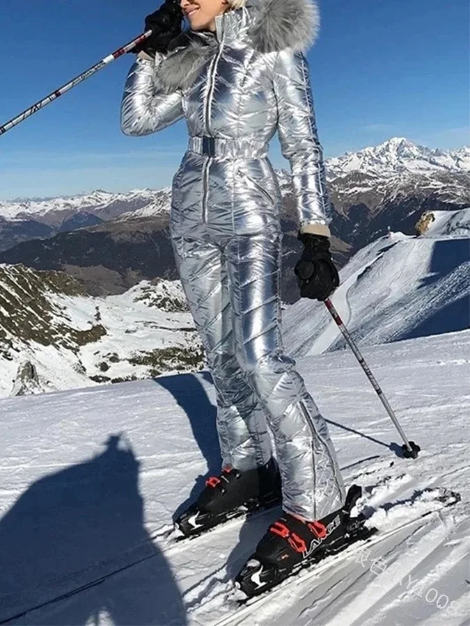 

WEPBEL Outdoor Jumpsuit Women's Ski Warm Jumpsuit Winter Casual Long Sleeve Slim-Fit Zipper Hooded Solid Color