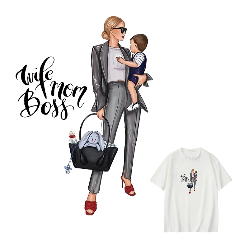 

Thermal Sticker On Clothes Mom Boss Iron-On Transfers Mom Son Printing Patches Diy Lady T-Shirt Vinyl Stickers Washable Applique