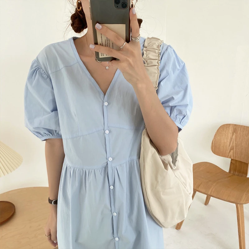 

V-neck Single-breasted Puff Sleeve Long Dresses Woman's Fashion Bandage Solid Dress Woman Temperament High Waist Dresses Women