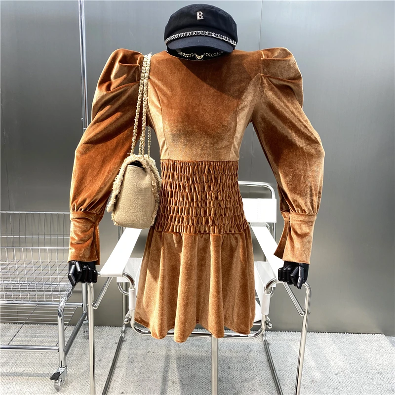

New Brand Original Design 2021 Elastic Waist Velvet Dress Versatile Bubble Sleeve Round Neck Slim French A-line Dress
