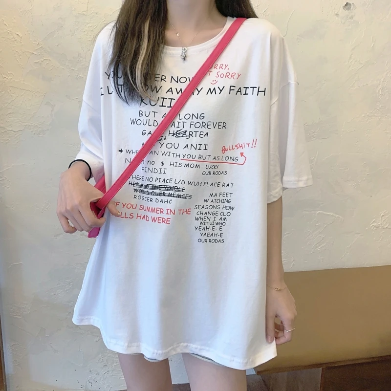 

Houthion Loose Plus Size Women's T-shirt New Casual Fashion Short Sleeve Tops Letter Printing Cotton Summer O-Neck T Shirt