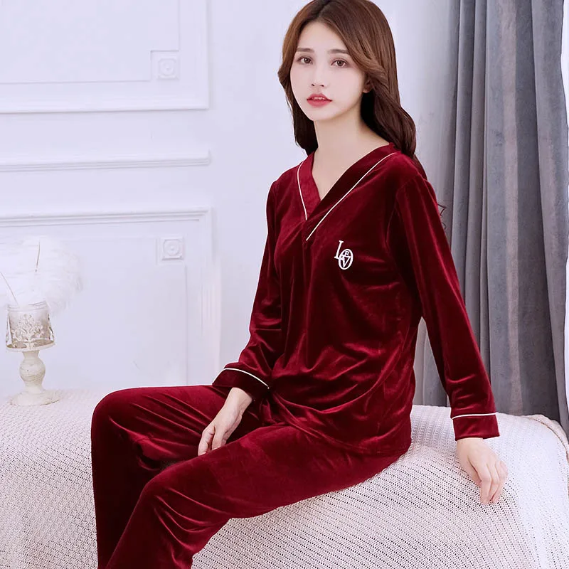 Femme Sleepwear 2 pieces home clothes gold velvet pajamas long sleeve home clothes sexy lace pajamas set women sleepwear suit