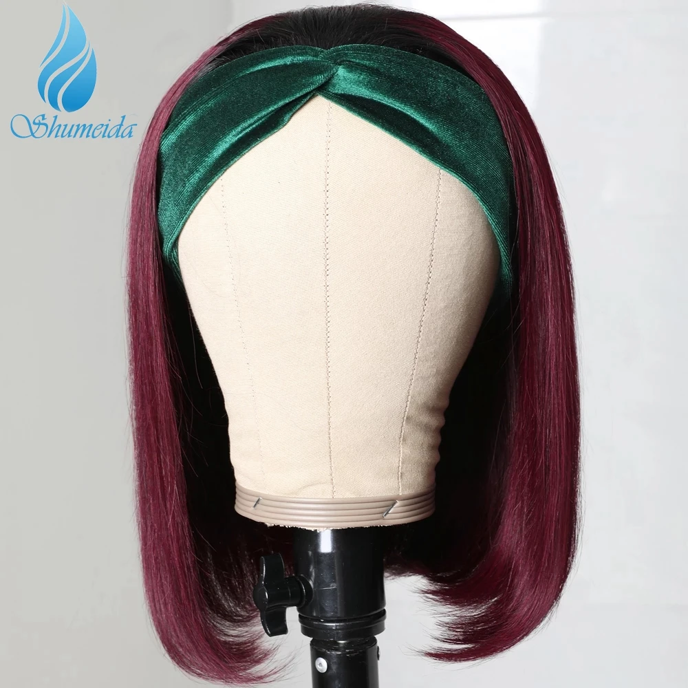 Shumeida Red Color HeadBand Wig Human Hair Brazilian Remy Hair Straight Short Bob Wigs with Baby Hair for Black Women