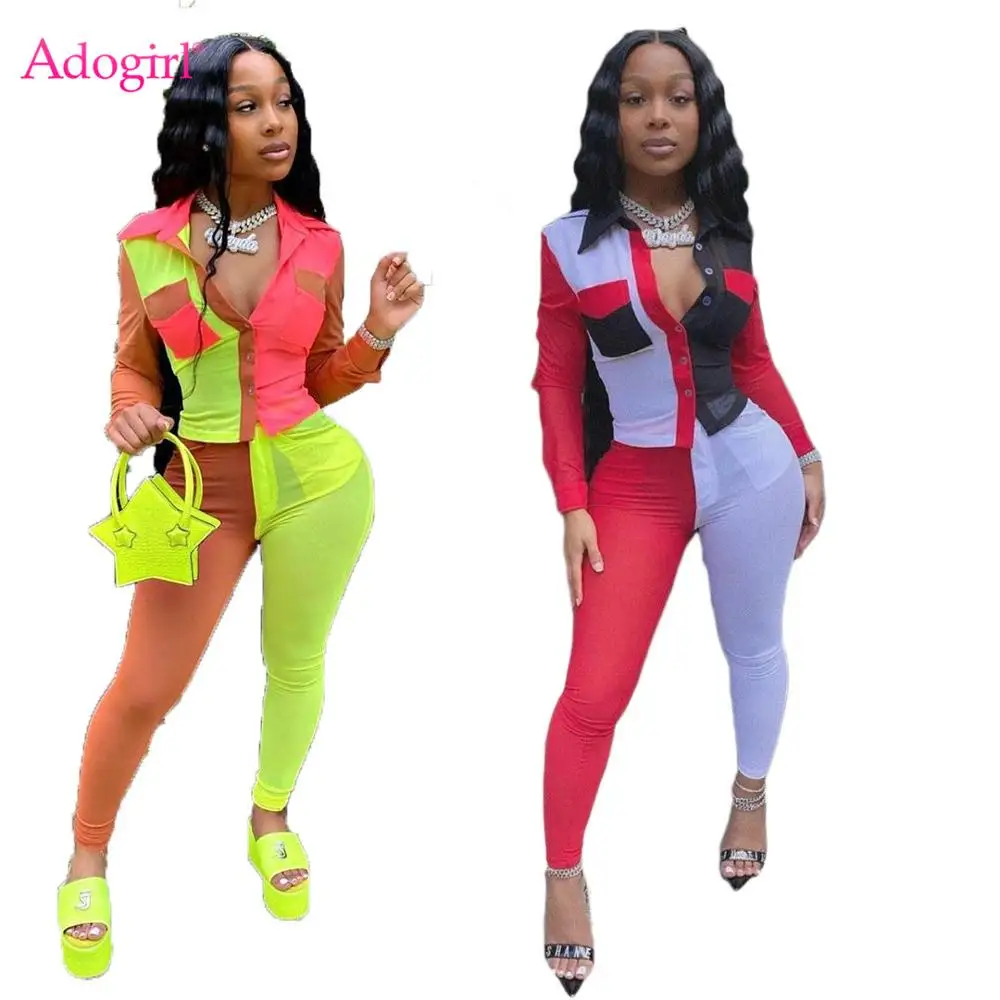 

Adogirl Women Color Patchwork Blouse 2 Piece Set Casual Turn Down Collar V Neck Long Sleeve Legging Pocket Pants Tracksuit New