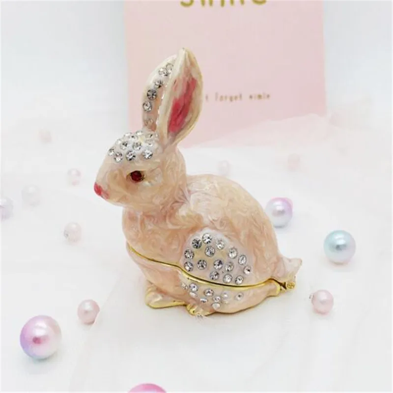 

Pink Lovely Cute Rabbit Rhinestone Trinket Box Metal Bejewelled Collective Box Small Home Decorative Enamel Ring Box