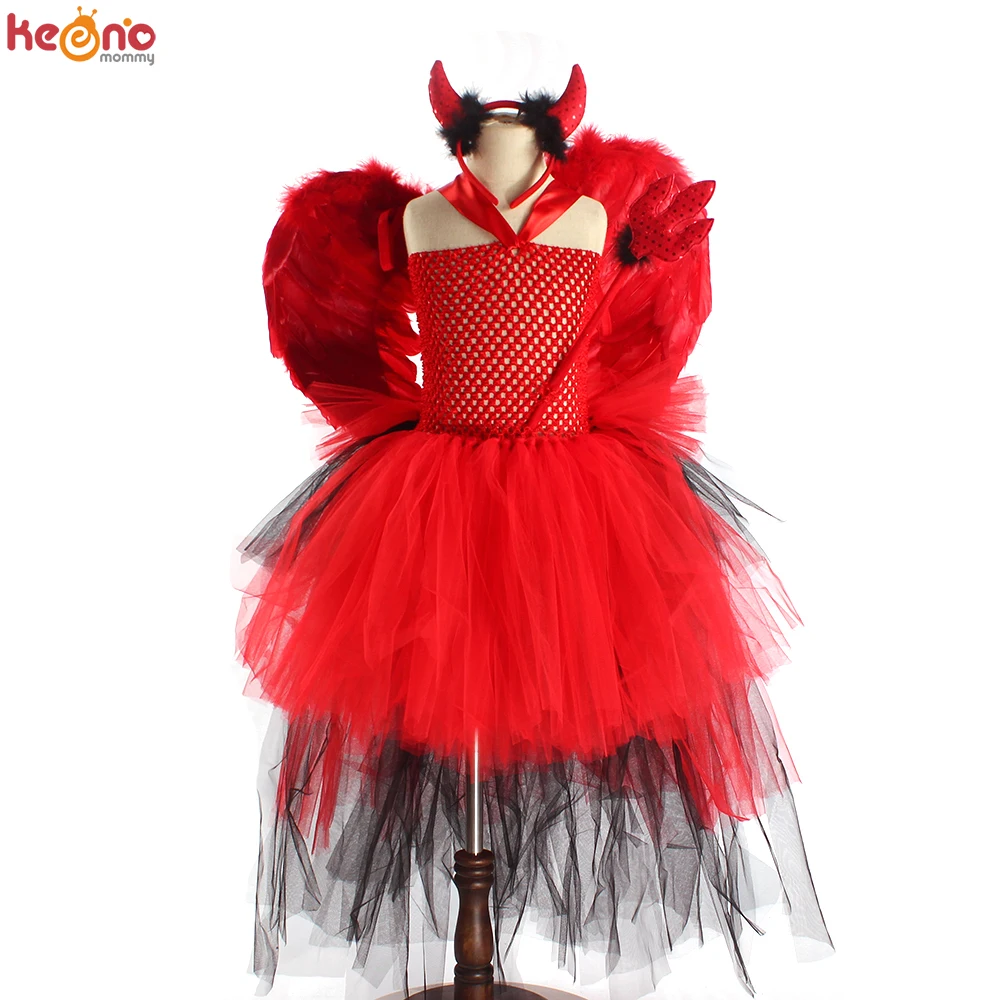 Red Black Devil Bustle Tutu Dress with Horns Wing Girls Halloween Costume Demon Spooky Carnival Purim Fancy Dress Up Clothing