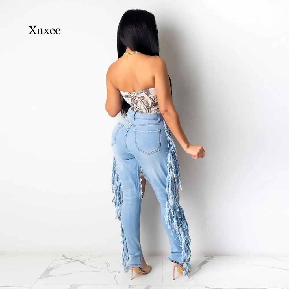Женские рваные джинсы с бахромой синие джинсовые брюки карандаш и кисточками
