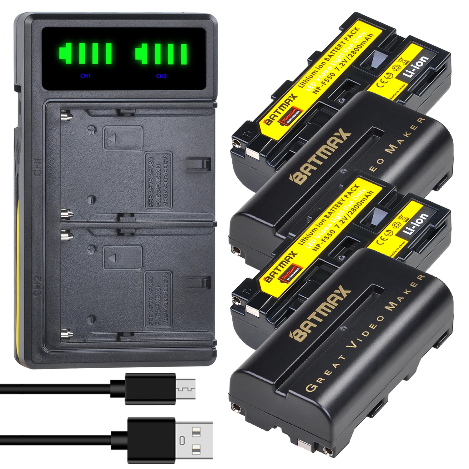 Batmax NP-F550 NP-F570 Video Light Battery+LED Dual Charger for Yongnuo GODOX LED Video Light YN300 II YN300 III YN600 Air T119S