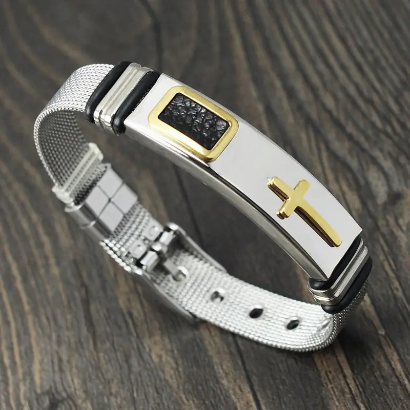 

Titanium Steel Mesh Band Bracelet 316L Stainless Steel Bracelet Between Gold Religious Cross Men's Bracelet Hip Hop Jewelry 2021