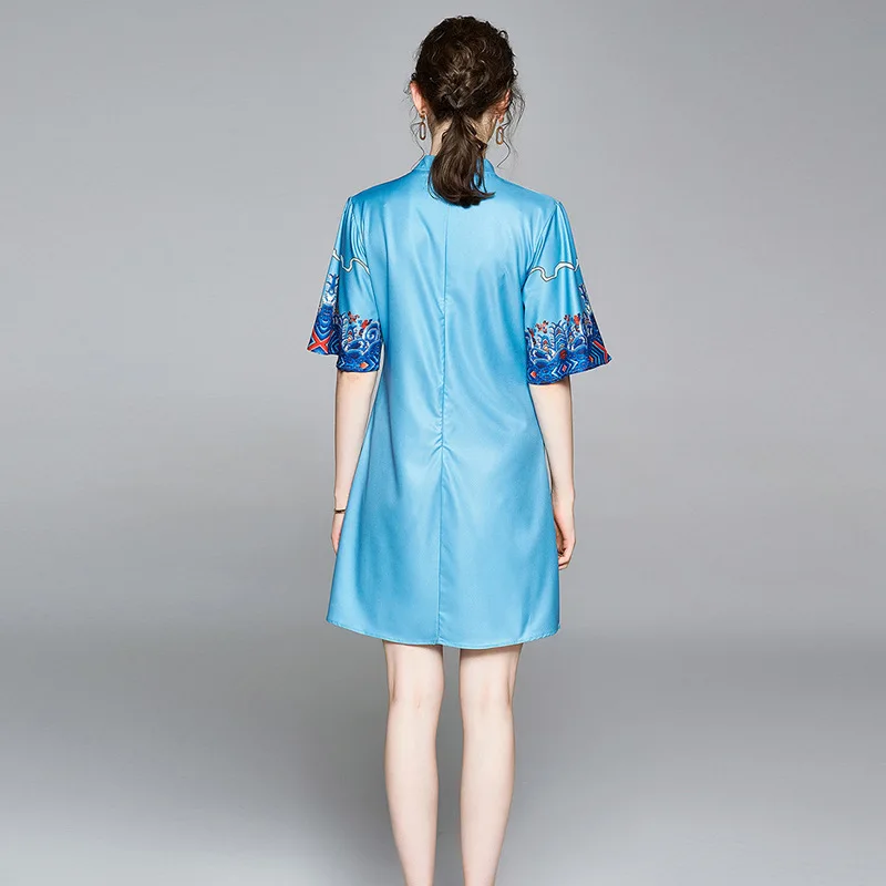 

Chinese Style Vintage Printed Mini Dress Women Short Sleeve Stand Collar A-line Dresses Fashion Sweet GIrl Dress Female Vestidos