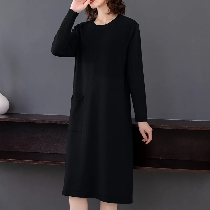 

Женское трикотажное платье-свитер, с разрезом, с длинным рукавом и круглым вырезом, Осень-зима, 2020