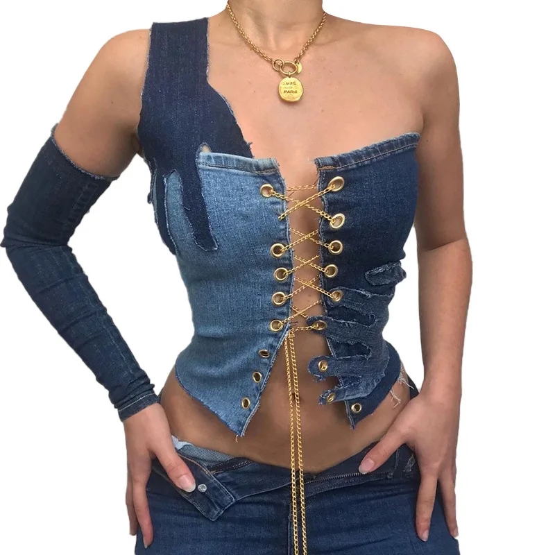 

Ultra-Short Backless Blue Denim Top Fashionable Casual Women's Clothing Autumn 2021 New Cropped Chain Sexy Wrapped Chest Vest