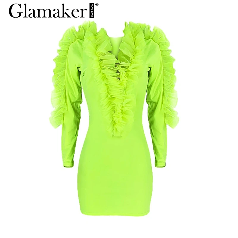 Neon green Glamaker неоновая зеленая, сетчатая зимняя одежда с оборками, женское элегантное платье с v-образным вырезом, большие размеры, вечерние Клубные платья с длинным рукавом, женское облегающее платье - Цвет: Neon green