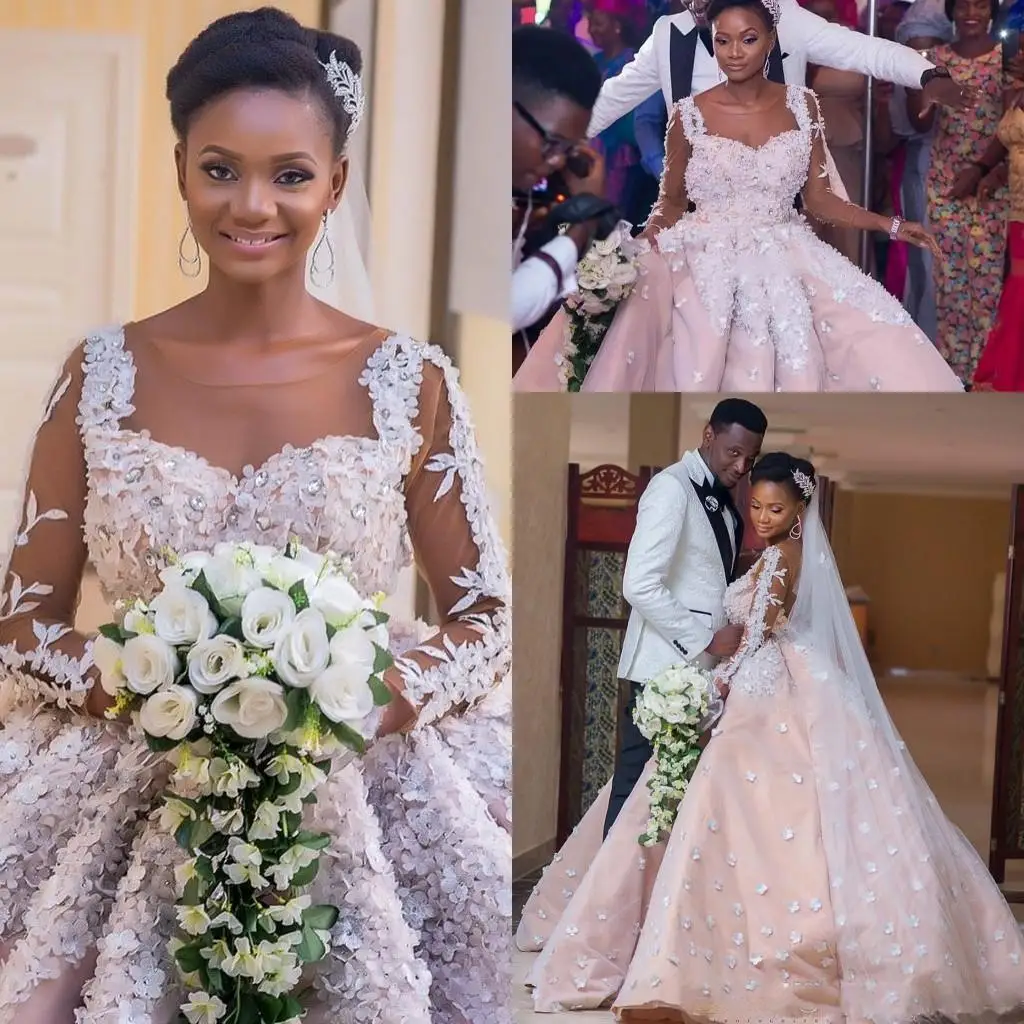

3D Flowers Wedding Dresses African Plus Size Sheer Neck Long Sleeves Bridal Gowns Ruched Beaded Vestidos Ball Gown