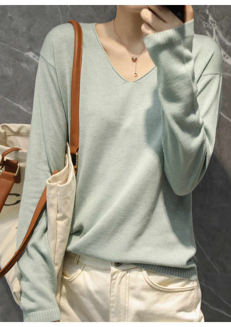

New Korean Women Sweater Fashion Spring Female Tops Long Sleeve Solid V-neck Loose Sweater 9 Colors