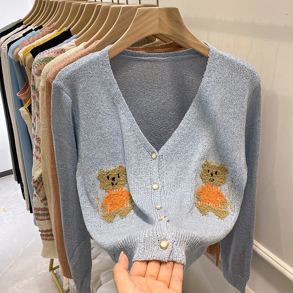 

Милые кардиганы в японском стиле с мультяшной вышивкой, корейский милый вязаный кардиган с V-образным вырезом и длинным рукавом, винтажный ж...