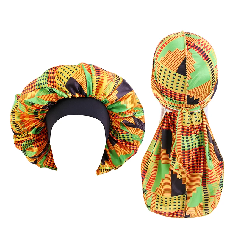 

African Pattern Satin Bonnet And Durag Set Couple Unisex Headwrap Comfortable Night Sleep Cap Hair Accessories Headcover