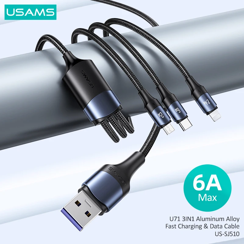 

USAMS 6A 66W 3 In 1 Fast Charge Data Cable PD QC 3.0 USB A To Micro USB Lightning Type C Phone Cable For iPhone Huawei Xiaomi