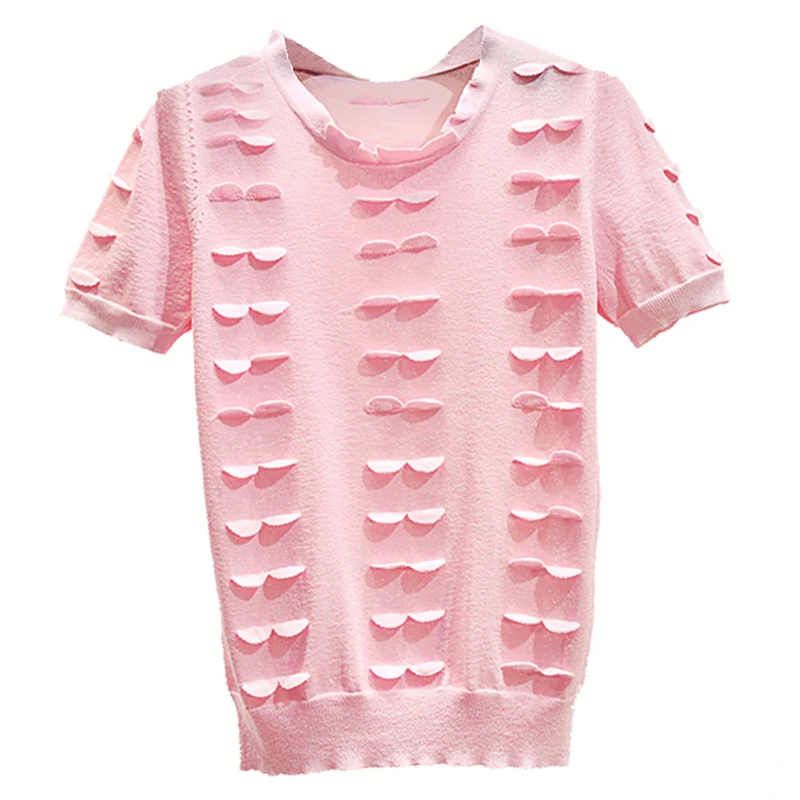 

2020 Summer T-shirt Jumper Short-Sleeved Knitted Tshirt Women Three-dimensional Petals White Pink Top Shirt Lady Pink Tees Tops