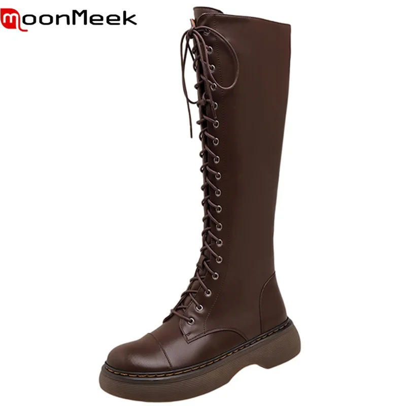 

MoonMeek Size 34-40 Genuine Leather Boots Platform Flat With Women Winter Boots Cross Tied Zipper Comfortable Knee High Boots
