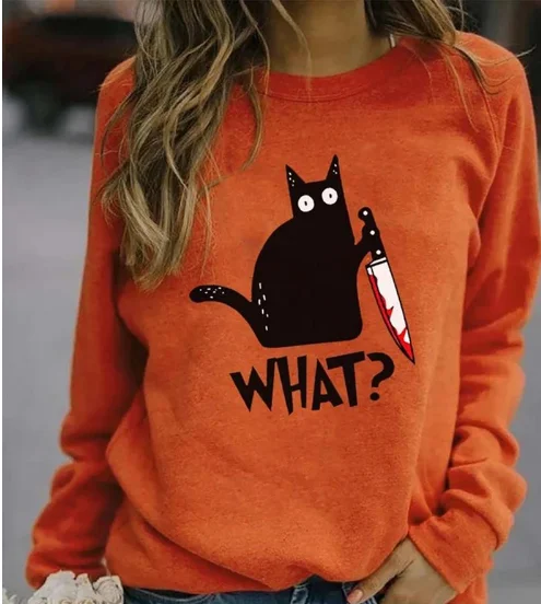 

Halloween Cat Pumpkin Print Colorblock Sweatshirt Female Tops Floral Print Round Neck Long Sleeve Sweater Pullover for Women