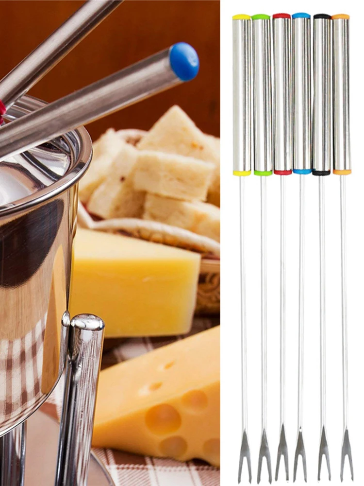 

2021 New 6PCS/Set Stainless Steel Chocolate Fork Hot Pot Forks Cheese Fruit Dessert Fork Fondue Melting Skewer Kitchen Tools