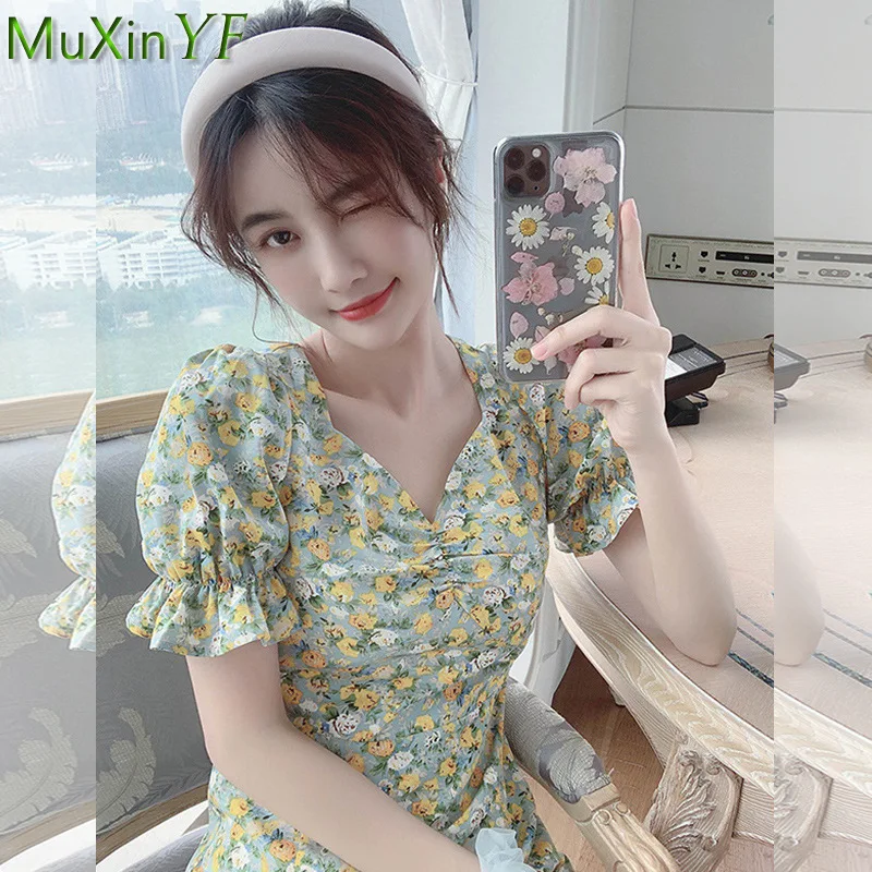 

Women's Dress 2022 New Casual Floral Puff Sleeve Split Midi Skirt Summer Vinatge Sexy Bodycon Dresses Female Elegant Skirts