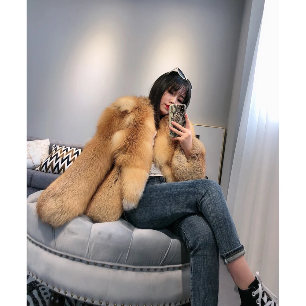 Женское пальто из лисьего меха 2019 зимнее натурального красного женская одежда