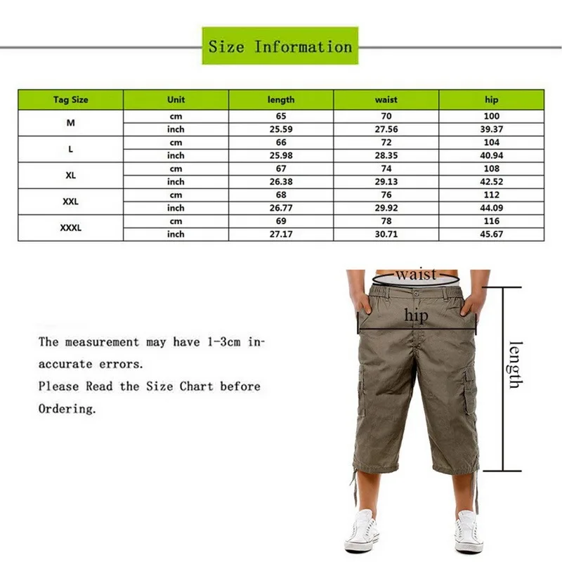 

Knee Length Cargo Shorts Men's Summer Casual Cotton Multi Pockets Breeches Cropped Short Trousers Military black Shorts