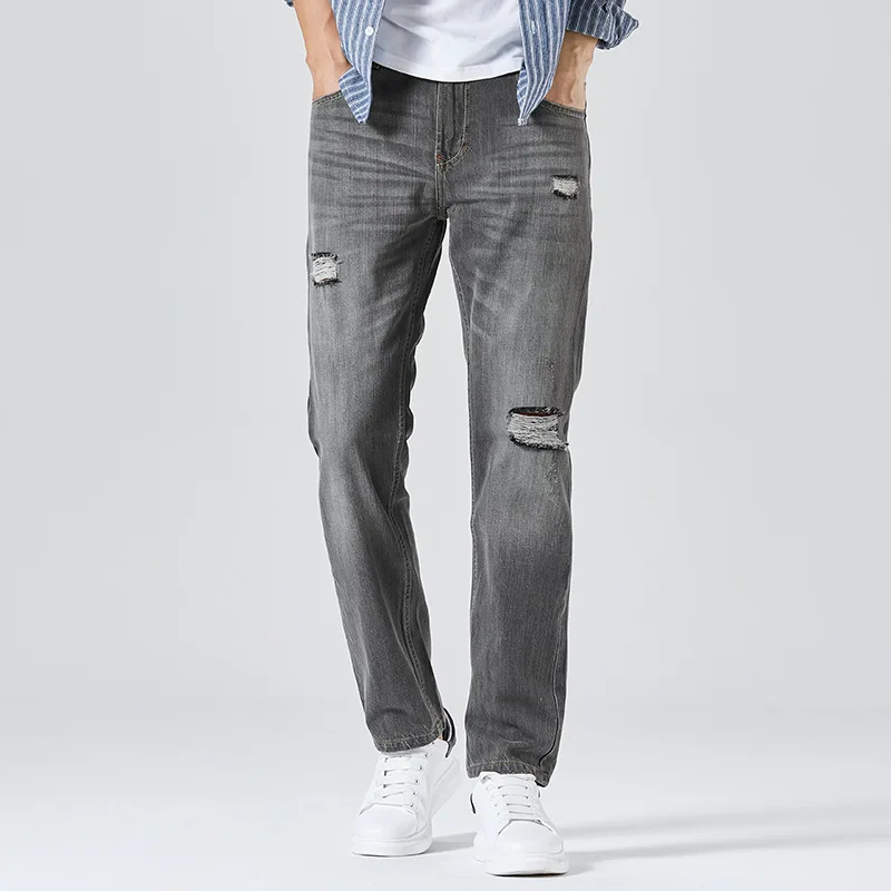 2021 new men's ripped fashion slim-fit  stretch jeans