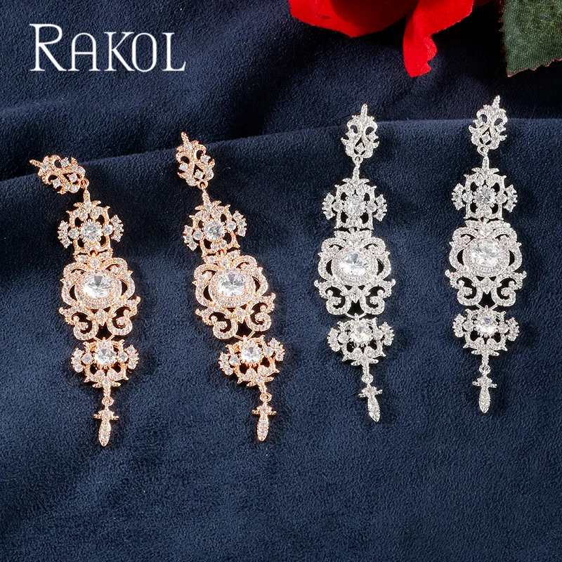 RAKOL Роскошные AAA кубический циркон цветочный узор длинные свадебные серьги для женщин девушка свадебное платье ювелирные изделия аксессуары RE62311K