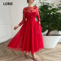 lorie red prom gowns o neck beaded a line long sleeves tea length polka dot tulle arabic wedding party dress for graduation