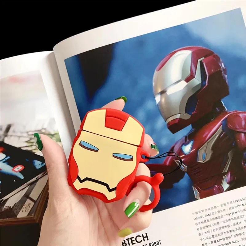 

Marvel Железный человек Аниме фигурки аниме мультфильм Беспроводной Bluetooth защитный чехол для наушников подходит для AirPods1/2 гарнитура с длинным...