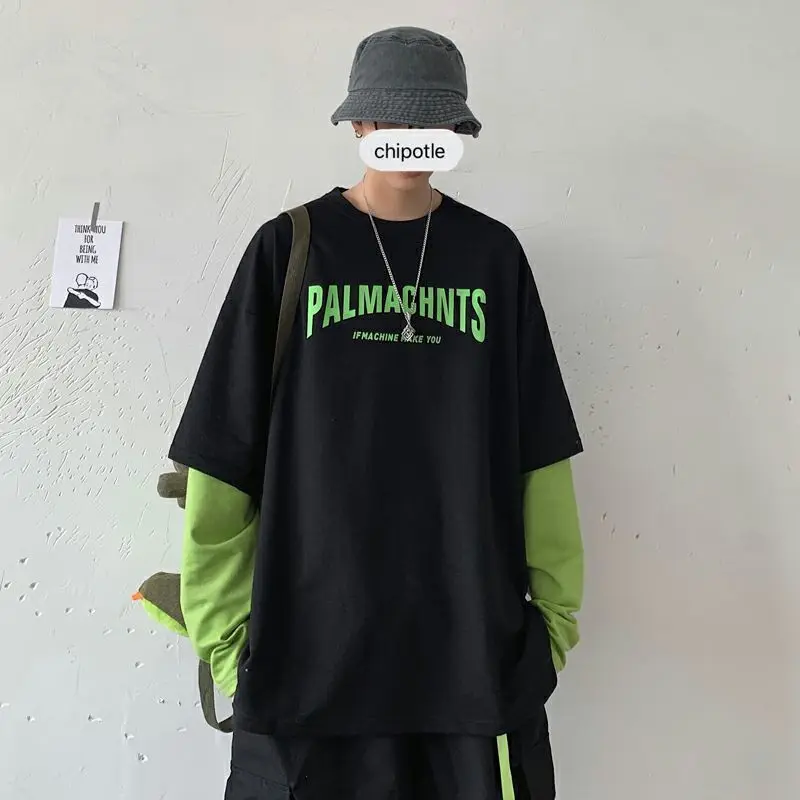 

2021 Spring Long-sleeved T-shirt Fake Two-piece Men's Clothing Korean Version Trend Oversized Loose Top Couple Bottoming Blouse