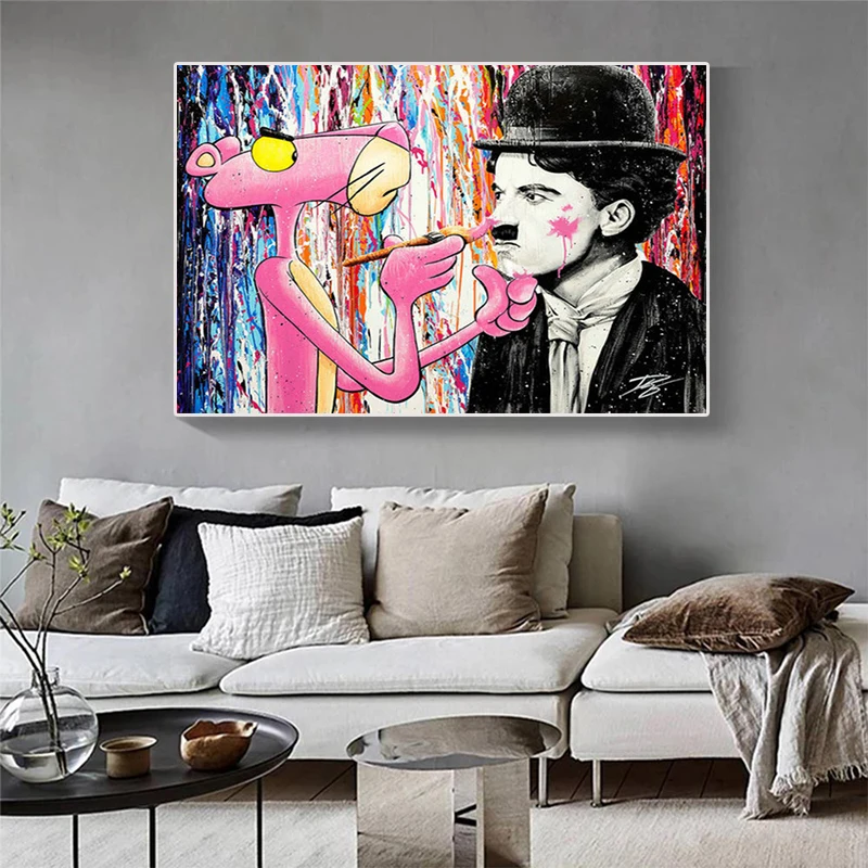 

Pink Panther Partner Chaplin Funny Canvas Painting Street Graffiti Wall Art Children's Bedroom Home Decoration Poster Prints