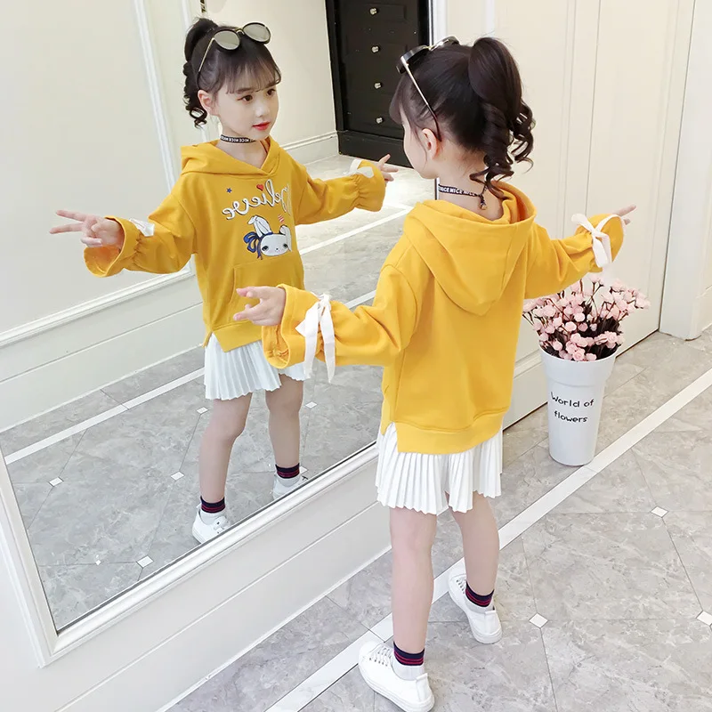 2019 Autumn Children's Fashion Casual Sweatshirt Hoodies Gilrs Long Sleeve Pleated Skirt Cute Coat Tops Sweater | Мать и ребенок