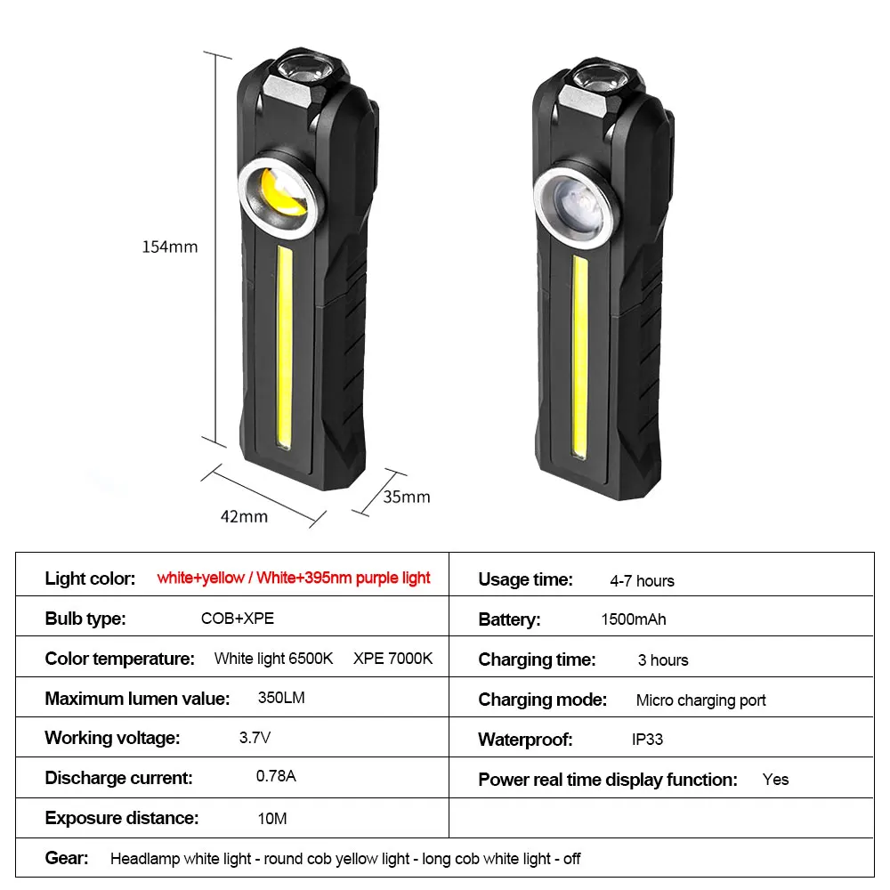 

XPE COB+UV Violet LED Standable Flashlight Magnetic Inspection Repair Light USB Charge White+Yellow/Purple Pocket Working Lamp