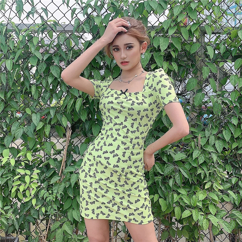 

2020 Vintage Square Collar Woman Dress Short Sleeve Sweet Butterfly Strawberry Print Bodycon Dress Club Party Dresses for Women