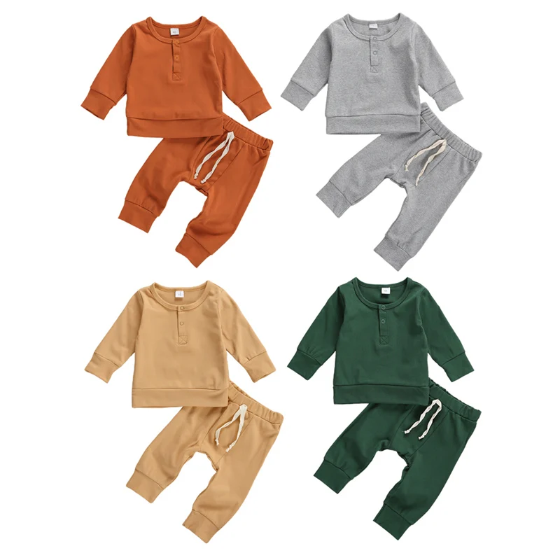 

Infant Baby Girl Boy Long Sleeve + Trousers Sports Suit Simple Solid Classic Drawstring Waist Spring Autumn 100% Cotton Clothing