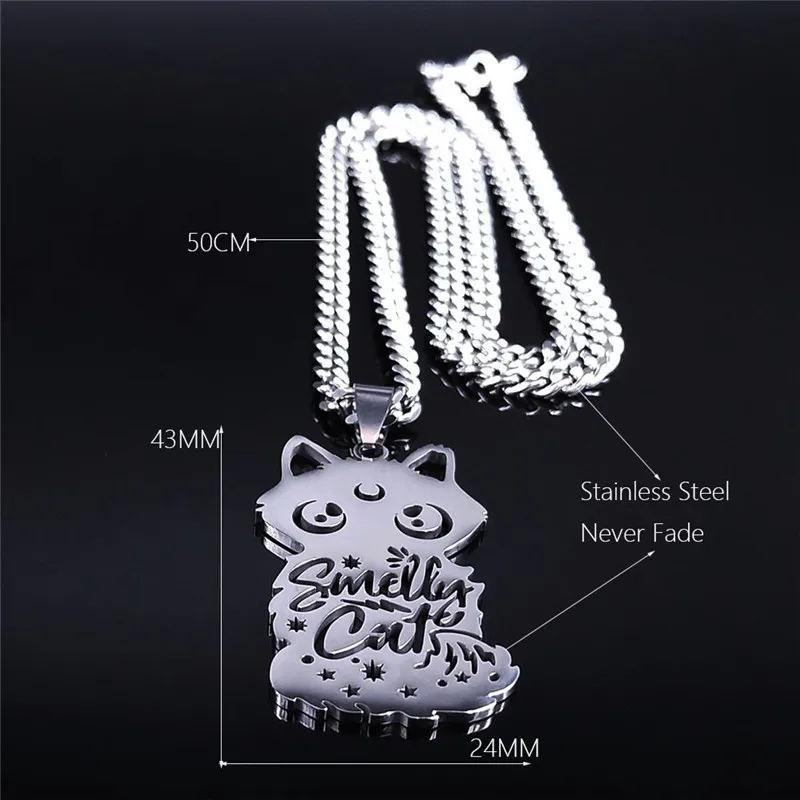 

2021 Punk Moon Cat Stainless Steel Chain Necklace for Women/Men Silver Color Necklace Jewelry collares de acero inoxida N4424S03