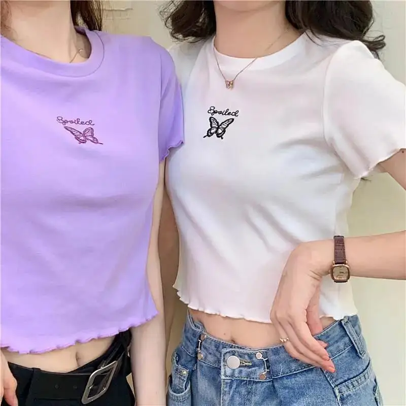 

Summer High Waist Short T-shirt Crop Top Slim Butterfly Embroidered Short Sleeve Women's Tube Top T Shirt O Neck Crop Top Tee