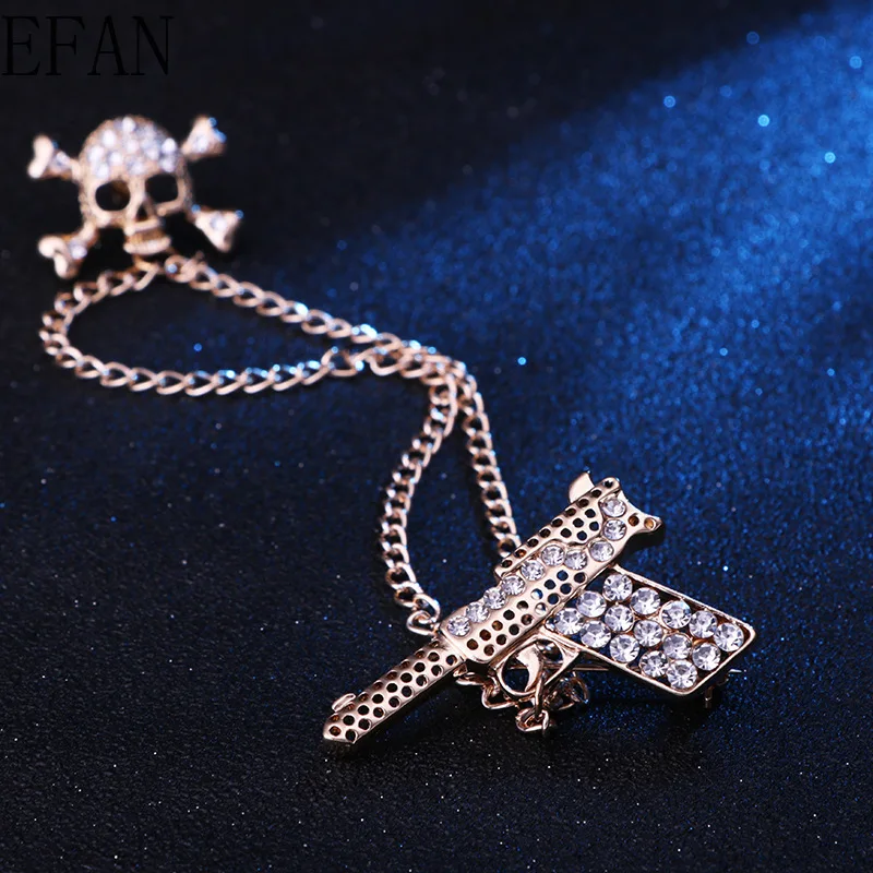 Корейский Новый Металлический Череп пистолет Брошь Стразы кисточка цепочка