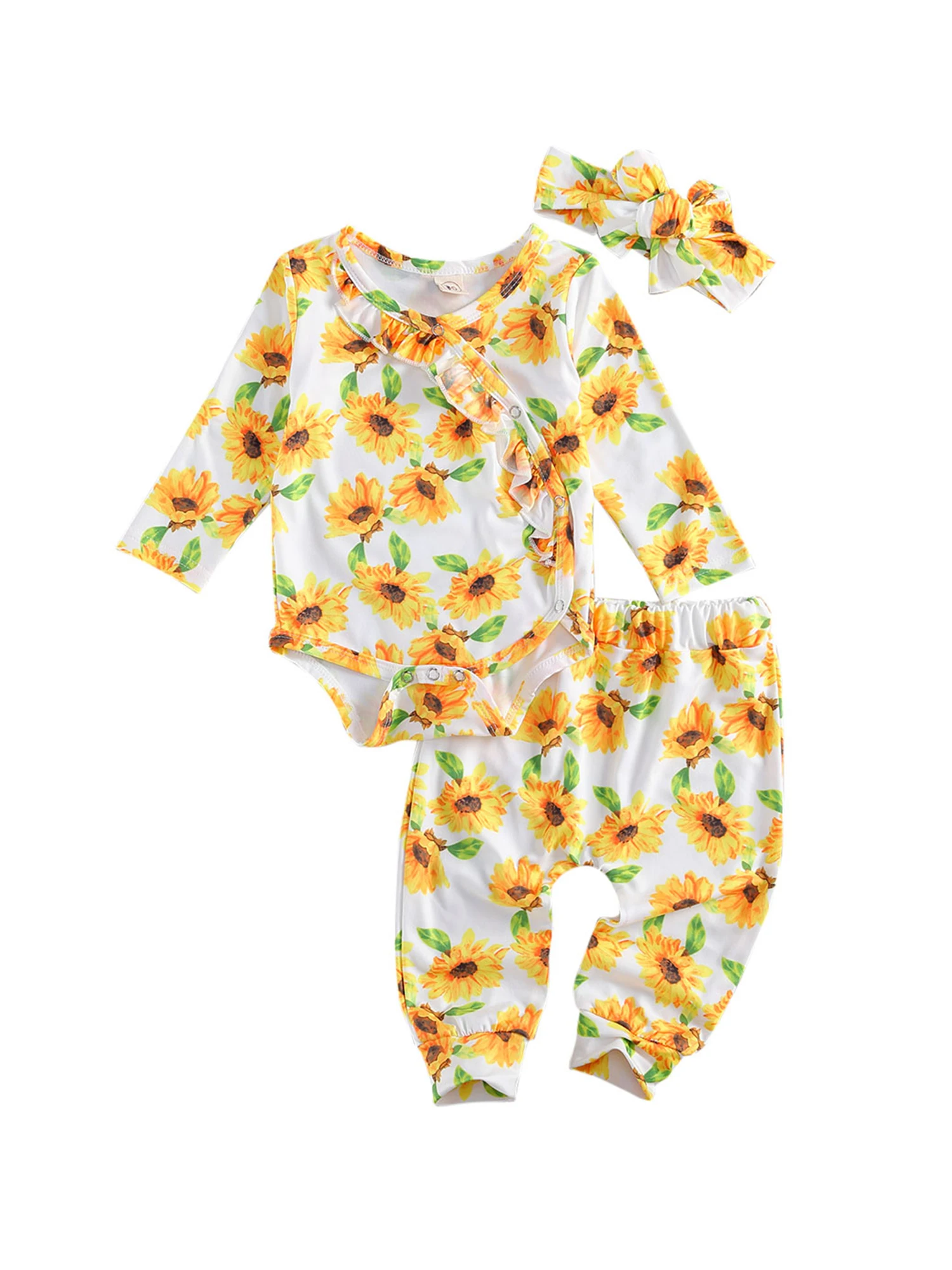 

Осенний комплект одежды из 3 предметов для новорожденных девочек 0-18 месяцев, комбинезон с длинными рукавами и цветочным принтом + штаны + пов...