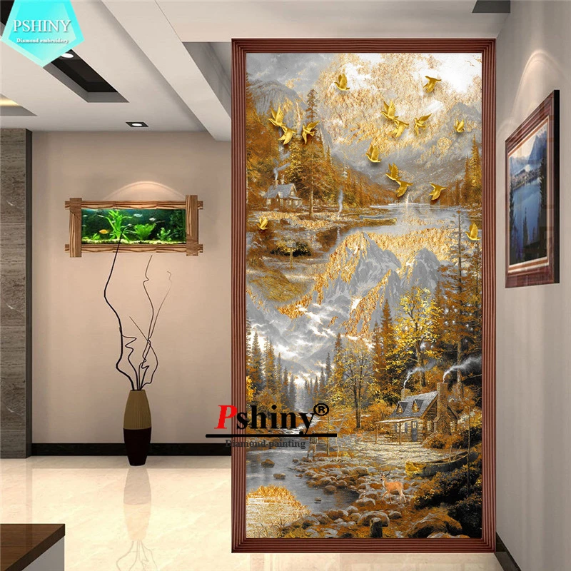 PSHINY 5D DIY Алмазная вышивка Золотой кантри пейзаж полный дрель круглые стразы картины алмазная живопись Новые поступления